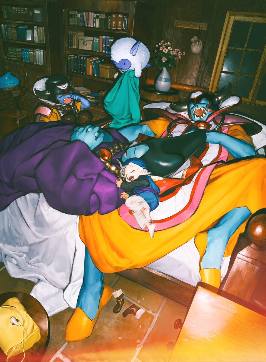 3boys, aged_down, black_horns, blanket, blue_skin, bookshelf, boots, brown_boots