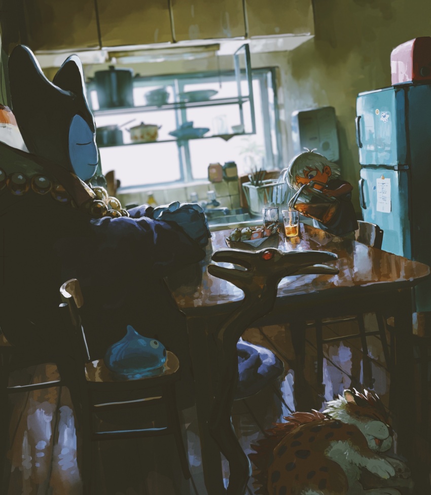 2boys, aged_down, black_horns, blue_skin, blurry, blurry_background, chair, child