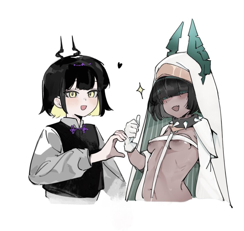 1boy, 1girl, 8_ni, :d, areola_slip, artist_self-insert, bbocsean, black_collar