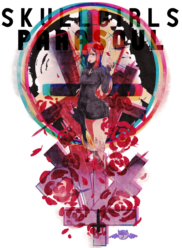 1girl, ah-lyong_lee, bad_id, bad_pixiv_id, black_skirt, breasts, character_name, cross