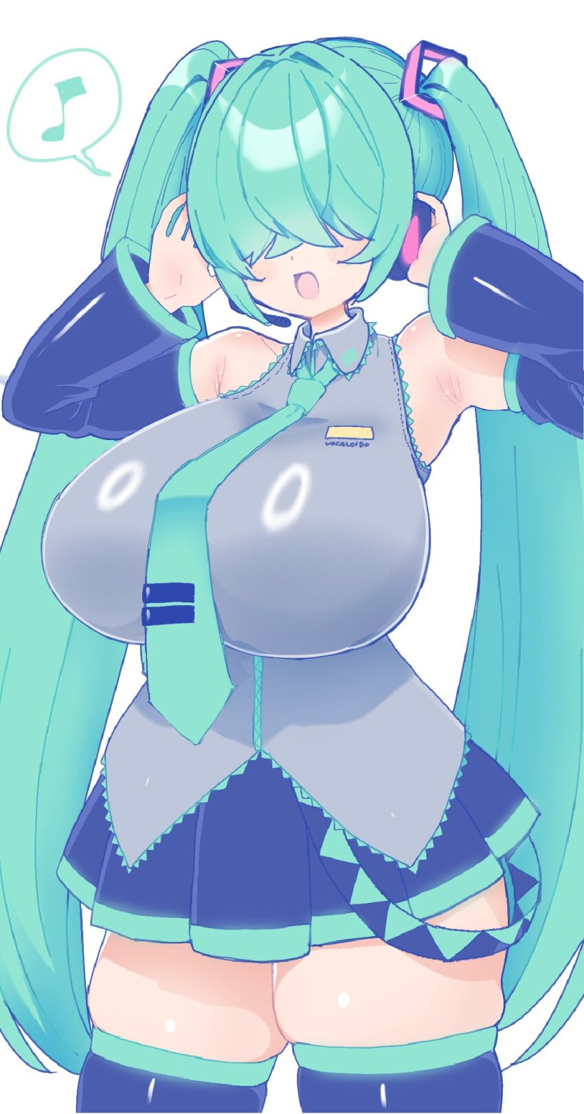 aqua_hair, armpits, black_skirt, black_sleeves, black_thighhighs, blush, breasts, covered_eyes, detached_sleeves, green_hair, grey_shirt, hair_ornament, hair_over_eyes, hands_on_headphones, hatsune_miku, headphones, highres, huge_breasts, long_hair, long_twintails, mekakure_miku_(homma_nuruneko), musical_note, necktie, open_mouth, shirt, skindentation, skirt, sleeveless, sleeveless_shirt, spoken_musical_note, standing, tegurika_kureme, thick_thighs, thighhighs, thighs, twintails, vocaloid, white_background