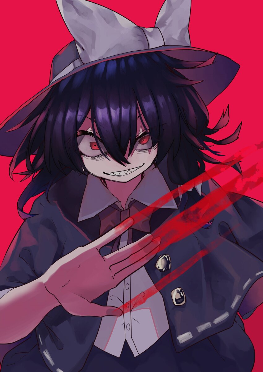 1girl, absurdres, alternate_eye_color, black_capelet, black_hair, black_hat, black_skirt, blood
