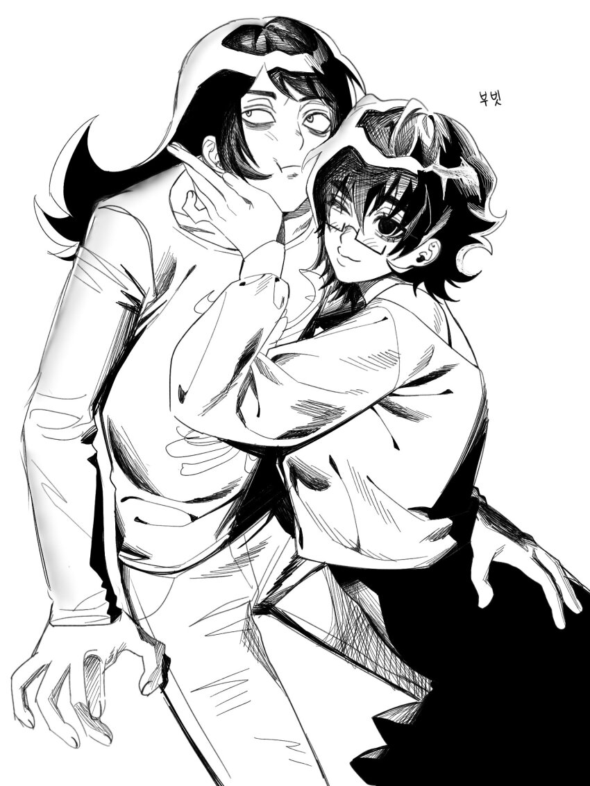 1boy, 1girl, abaddon_(haunted_hotel), aged_up, cowboy_shot, fearconnoisseur, glasses, greyscale