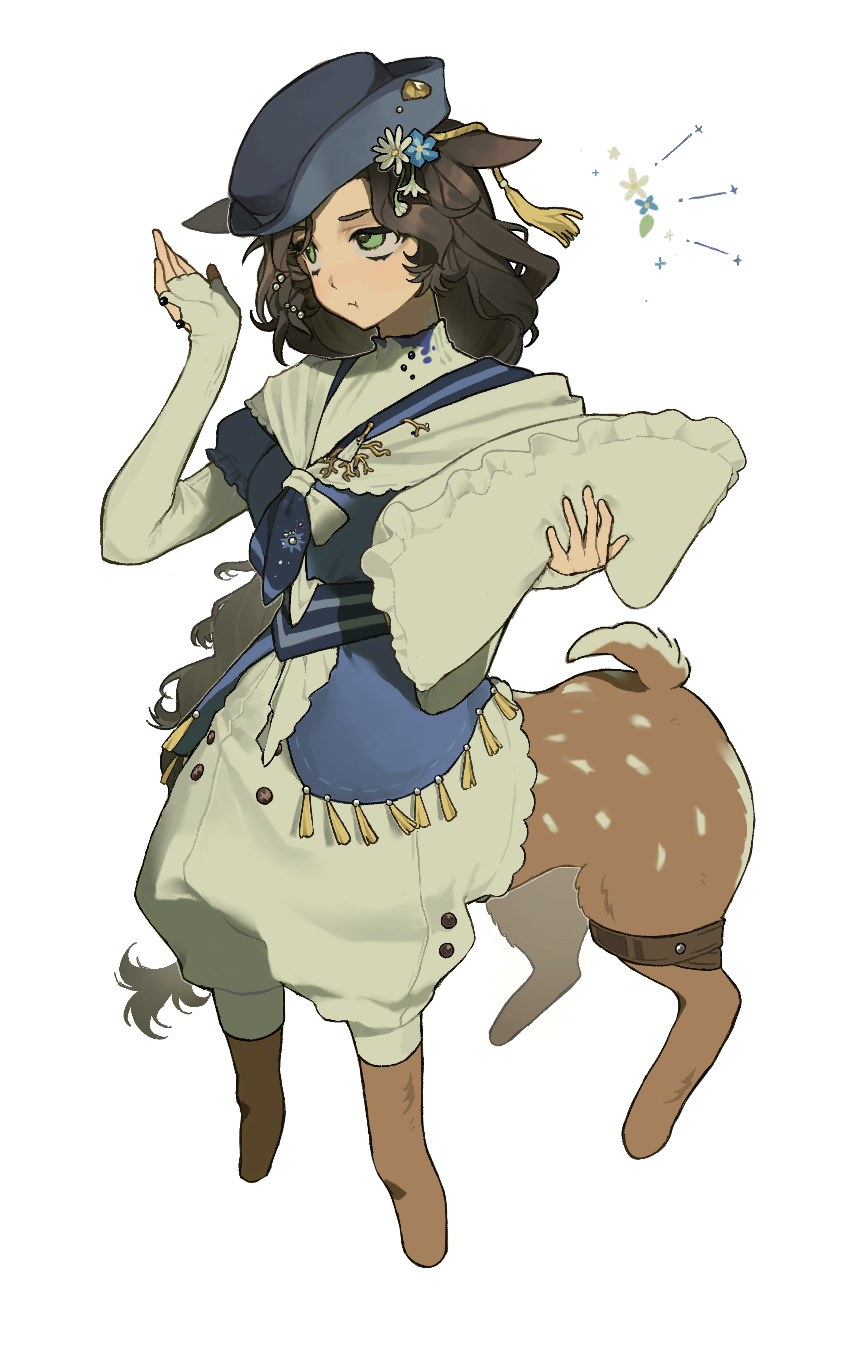 1girl, :t, animal_ears, blue_flower, blue_hat, blue_shirt, cannibal13586, centauroid