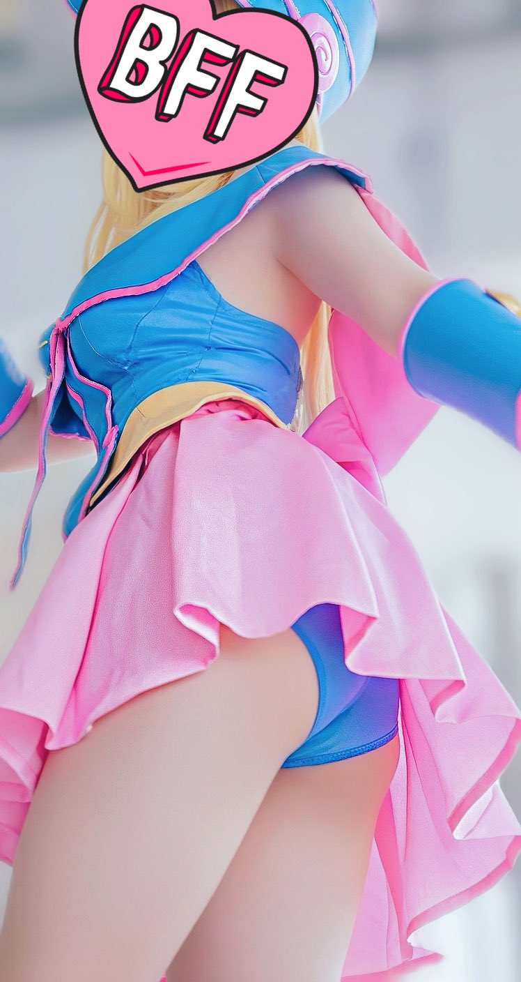 1girl, ass, blonde_hair, blue_leotard, breasts, cosplay, dark_magician_girl, english_text, face_censor, heart, highres, japanese_(nationality), leotard, photo_(medium), real_life, skirt, yu-gi-oh!