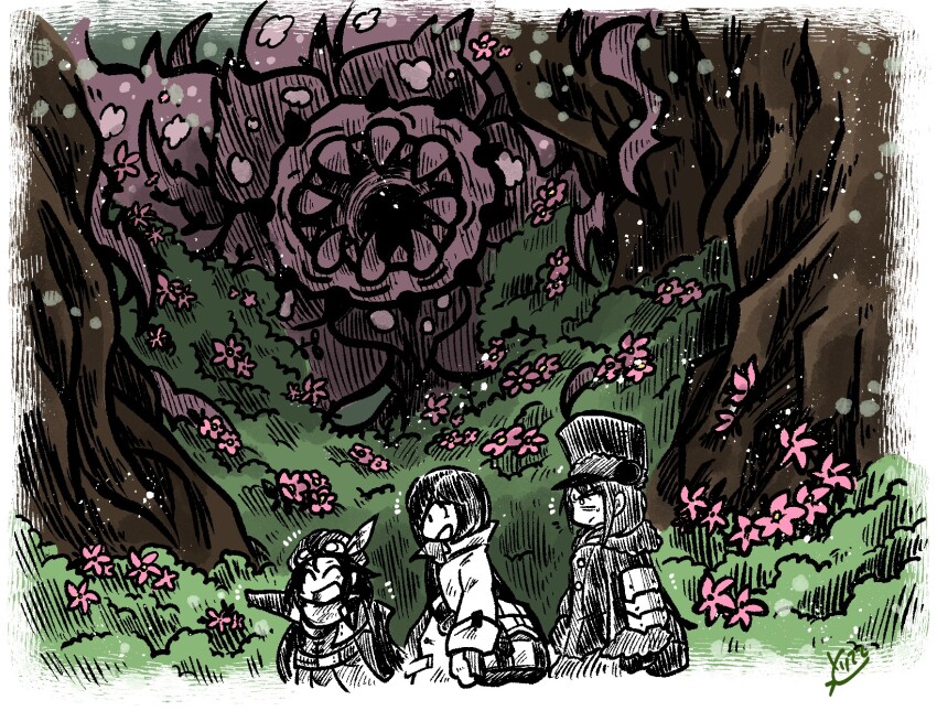 1boy, 2girls, cherry_blossoms, commentary, etrian_odyssey, flower, goggles, goggles_on_headwear