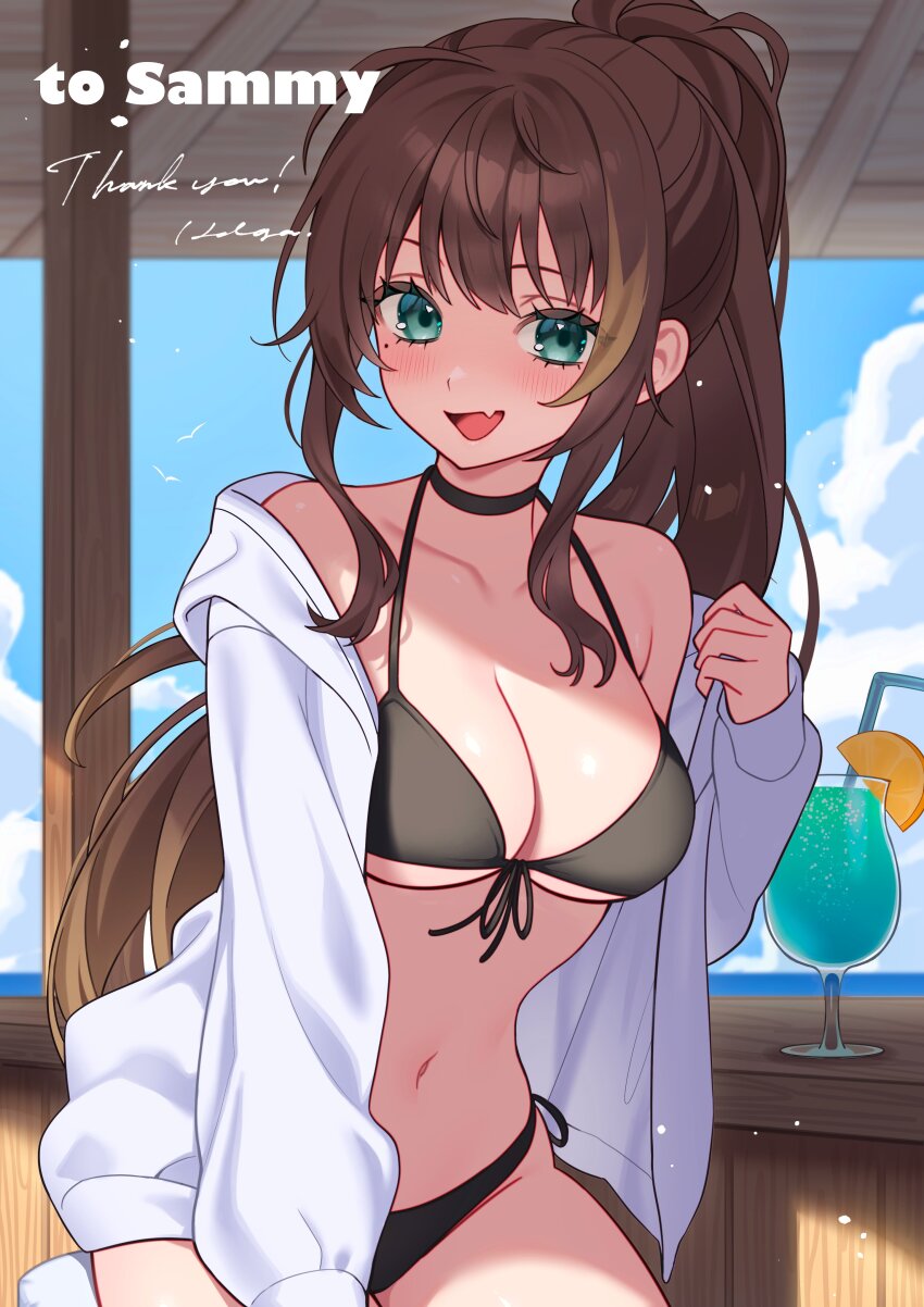 1girl, absurdres, aqua_eyes, bare_shoulders, bikini, black_bikini, blue_sky, breasts