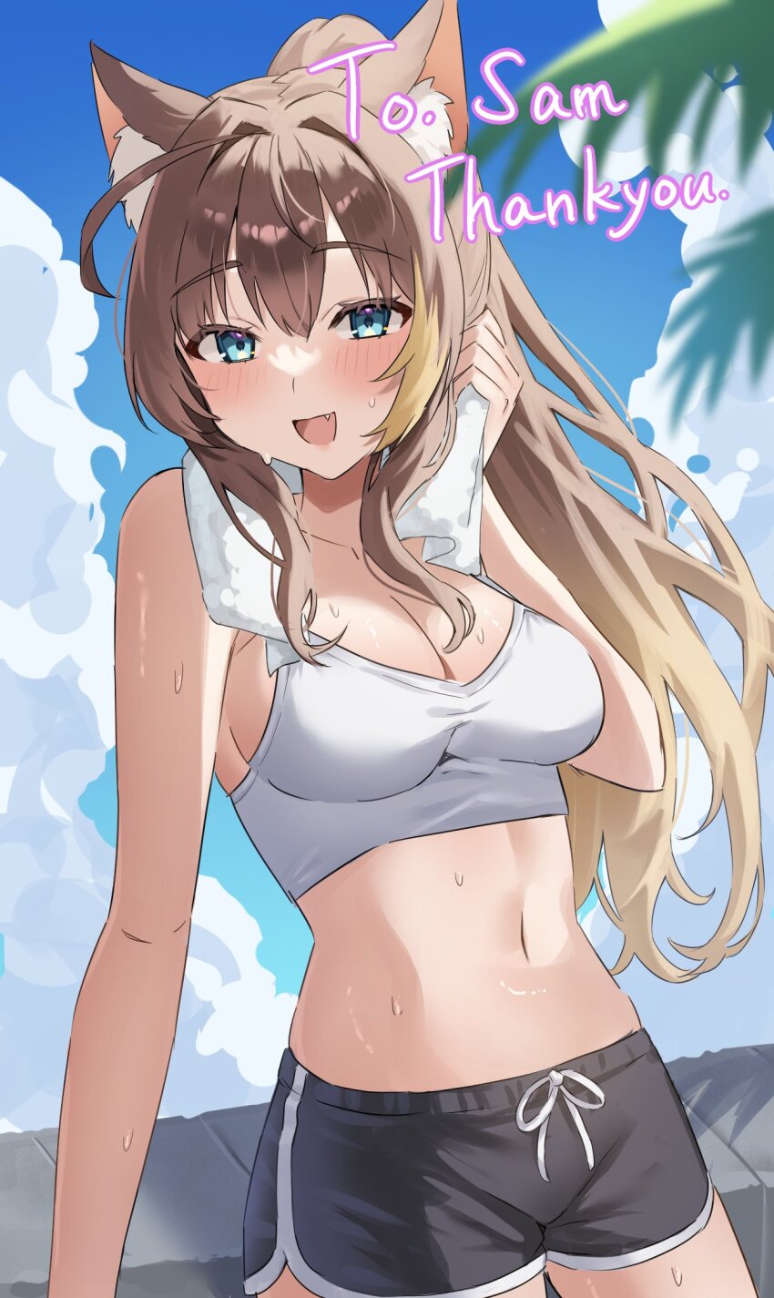 1girl, animal_ear_fluff, animal_ears, bare_arms, bare_shoulders, black_shorts, blue_eyes, blue_sky