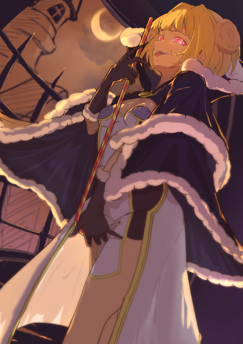 1girl, black_cape, black_dress, black_gloves, blonde_hair, blunt_bangs, breasts, brown_sky