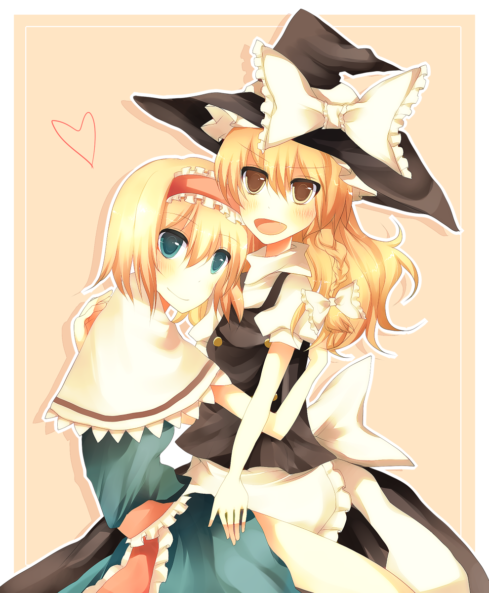 2girls, alice_margatroid, bad_id, bad_pixiv_id, blonde_hair, blue_eyes, braid, female_focus, hairband, highres, kirisame_marisa, motoko_(fe25), multiple_girls, side_braid, touhou, yellow_eyes, yuri