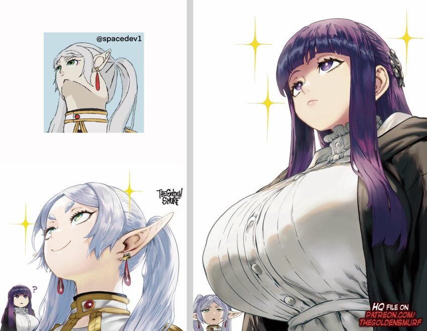 2girls, black_robe, breast_envy, breasts, commentary, earrings, elf, english_commentary, fern_(sousou_no_frieren), frieren, green_eyes, jewelry, large_breasts, looking_at_another, meme, multiple_girls, pointy_ears, purple_eyes, purple_hair, reference_inset, robe, sousou_no_frieren, teardrop_earrings, the_golden_smurf, upper_body, upward_angle_frieren_drawing_(meme), white_tree