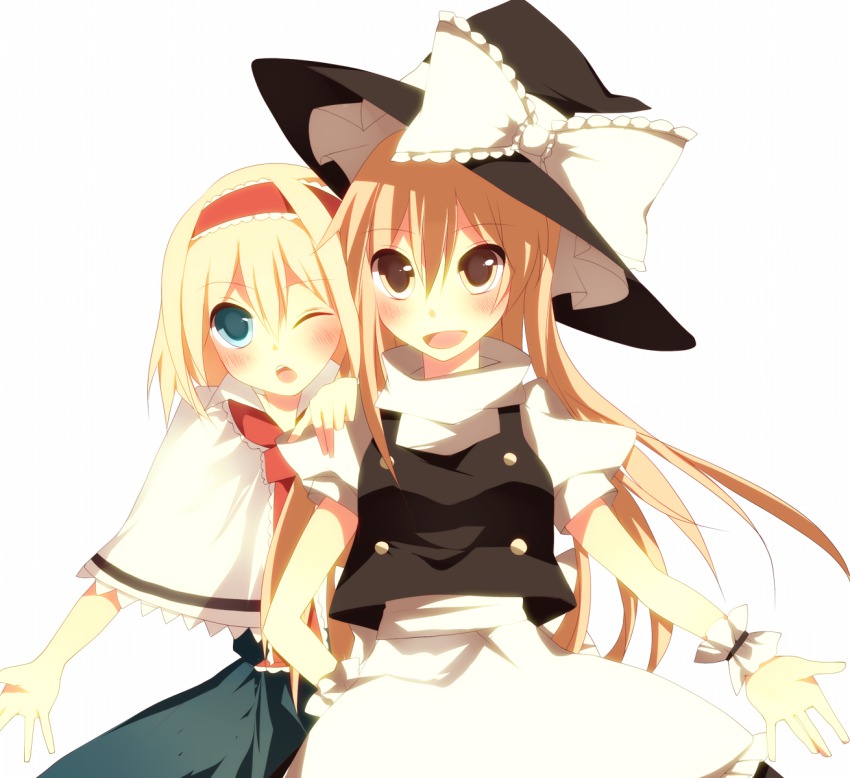 2girls, alice_margatroid, blonde_hair, blue_eyes, blush, female_focus, hat, highres, kirisame_marisa, long_hair, motoko_(fe25), multiple_girls, touhou, very_long_hair, wink, witch, witch_hat, yellow_eyes, yuri