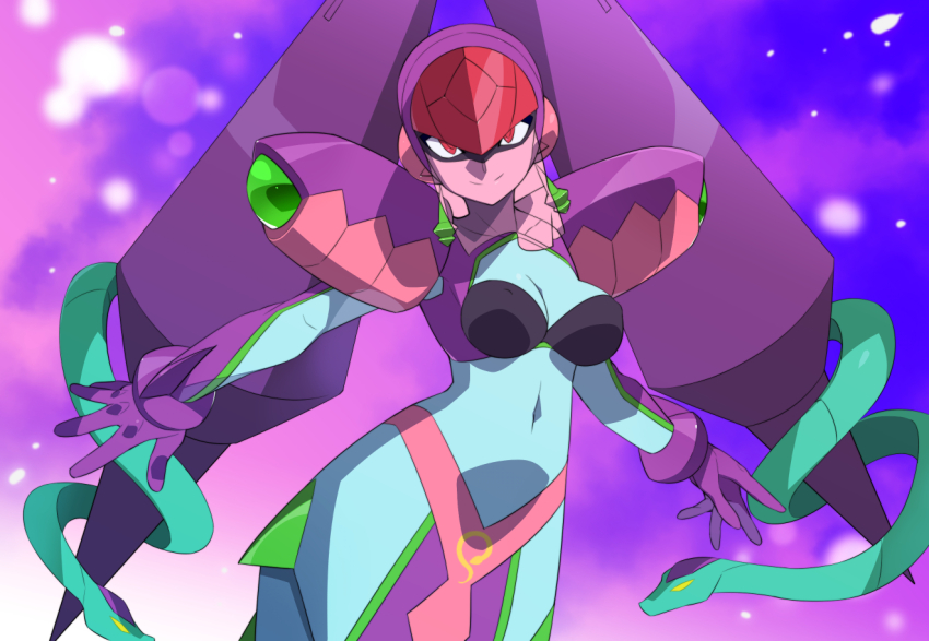 1girl, armor, blue_skin, breasts, cleavage, colored_skin, em_wave_change_(mega_man), gloves