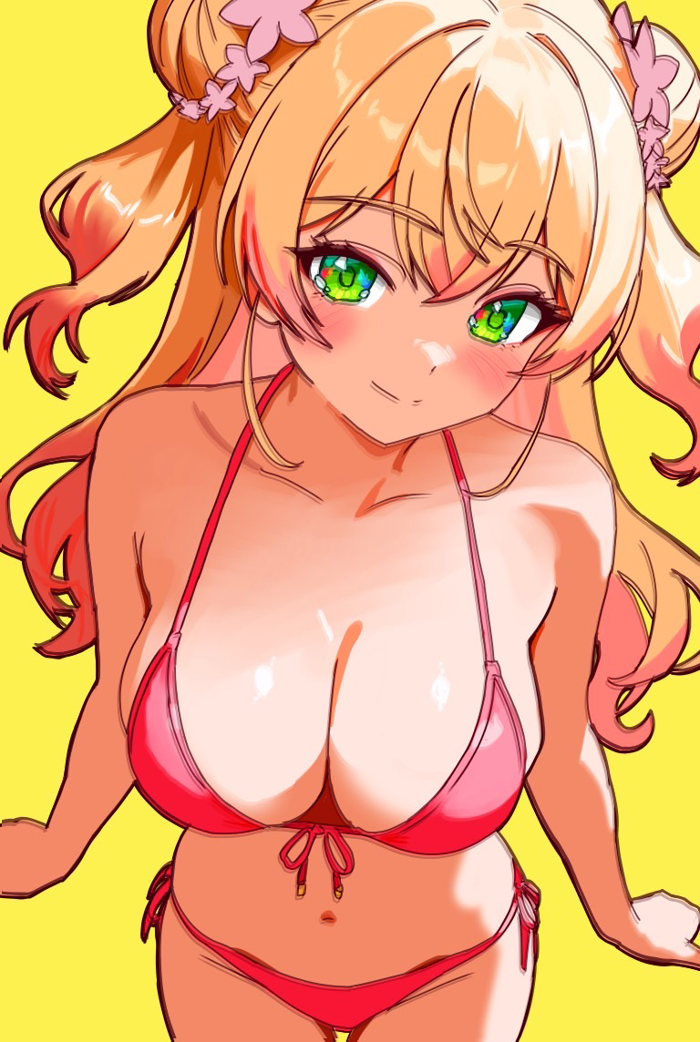 1girl, bikini, blonde_hair, breasts, cleavage, closed_mouth, double_bun, dr._junyaman