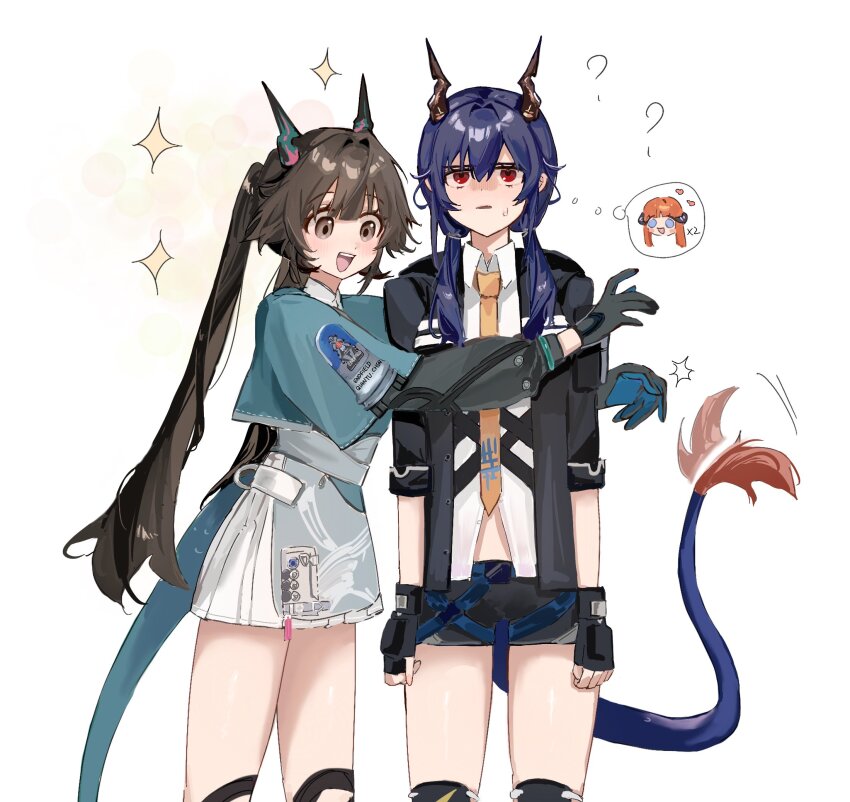 ?, ancestor_and_descendant, arknights, arknights:_endfield, bagpipe_(arknights), black_gloves, black_hair, black_shorts, blue_hair, blue_horns, blue_tail, blush, ch'en_(arknights), character_name, chen_qianyu_(arknights), collared_shirt, commentary, cowboy_shot, crossover, dragon_girl, dragon_horn, dragon_horns, dragon_tail, dress, gloves, hair_between_eyes, highres, hill_chuchu, horns, long_hair, long_sleeves, looking_at_another, looking_up, motion_lines, multicolored_tail, necktie, open_mouth, orange_necktie, parted_lips, red_eyes, shirt, shorts, sidelocks, simple_background, smile, speech_bubble, standing, star_(symbol), sweat, untranslatable_commentary, tail, teeth, thought_bubble, upper_teeth_only, white_background, white_shirt