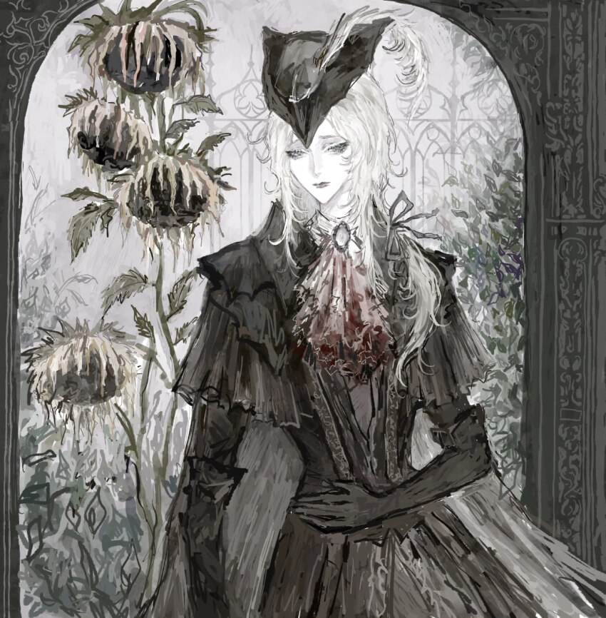 1girl, ascot, blood, bloodborne, blue_eyes, cape, coat, flower