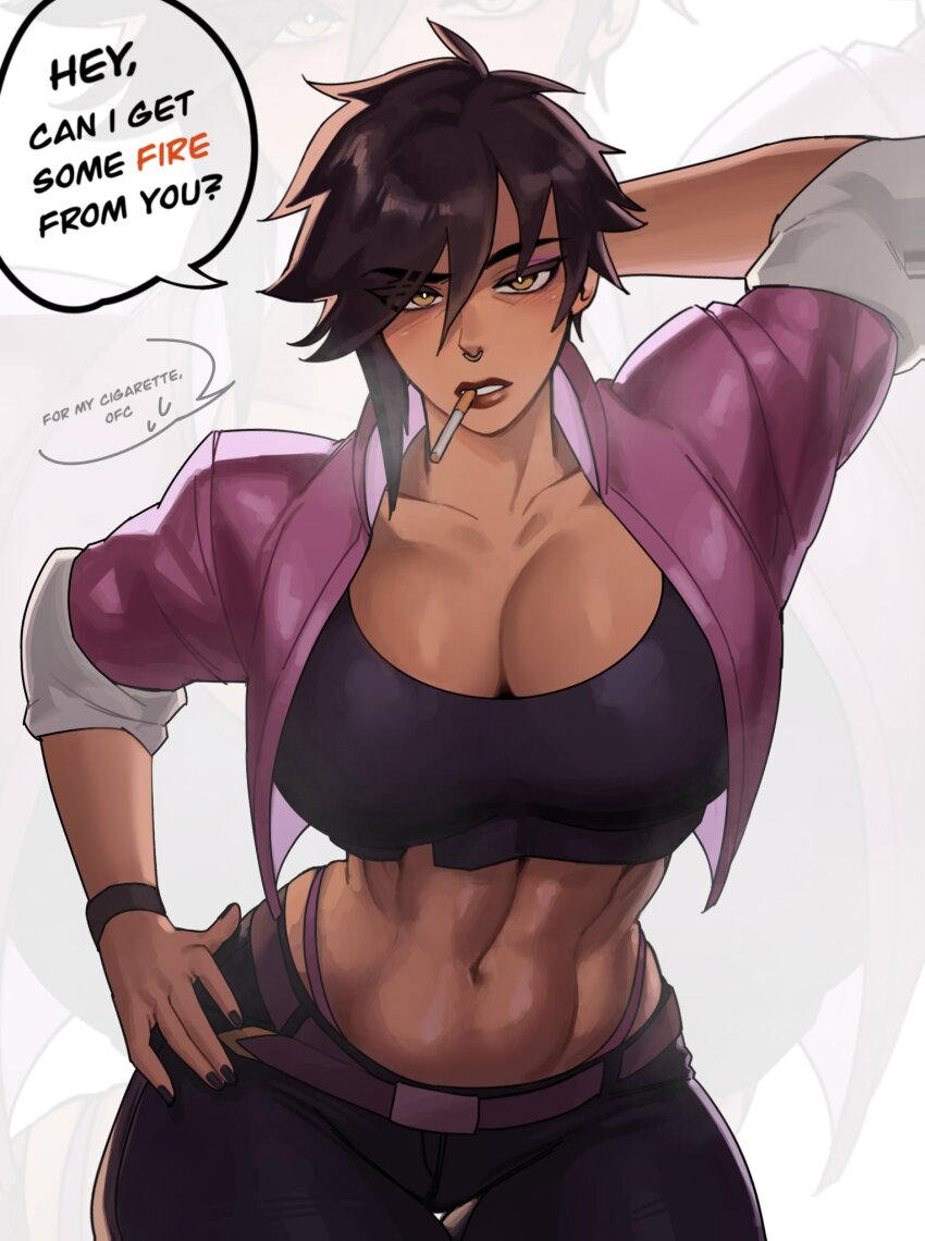 1girl, alternate_breast_size_(larger), arm_behind_head, belt, black_nails, black_pants, breasts, bright_pupils