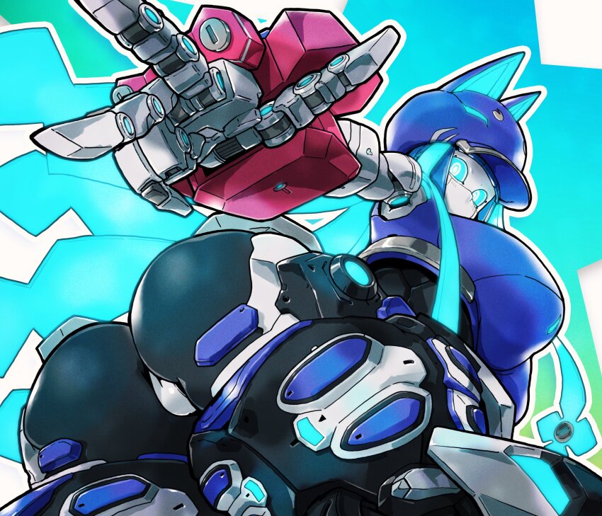 1girl, absurdres, animal_ears, armor, ass, baseball_cap, blue_eyes, breasts