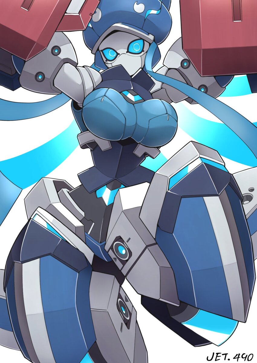 armor, arms_up, blue_eyes, blue_hair, blue_hat, breasts, character_name, commission