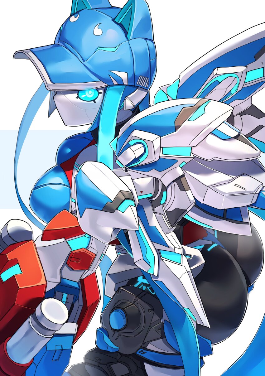 1girl, absurdres, animal_ears, armor, ass, baseball_cap, blue_eyes, blue_hair, blue_hat, breasts, cat_ears, commission, glowing, glowing_eyes, hakidashi_11, hat, highres, hip_armor, humanoid_robot, jet_(jetngs), large_breasts, long_hair, looking_at_viewer, mechanical_arms, mechanical_wings, no_mouth, original, phantasy_star, phantasy_star_online_2, robot, robot_girl, second-party_source, skeb_commission, solo, white_background, wings