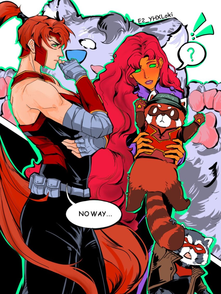 ?, animalization, arsenal_(dc), artemis_of_bana-mighdall, batman_(series), batman_symbol, bizarro_ii, black_bodysuit, black_gloves, bodysuit, brown_jacket, dc_comics, domino_mask, e2_yhxloki, eye_mask, gloves, grey_bodysuit, highres, holding, jacket, jason_todd, mask, multicolored_bodysuit, muscular, open_clothes, raccoon, red_hood_(dc), red_hood_and_the_outlaws, red_mask, roy_harper, shirt, short_hair, starfire, superhero_costume, taut_bodysuit, two-tone_bodysuit