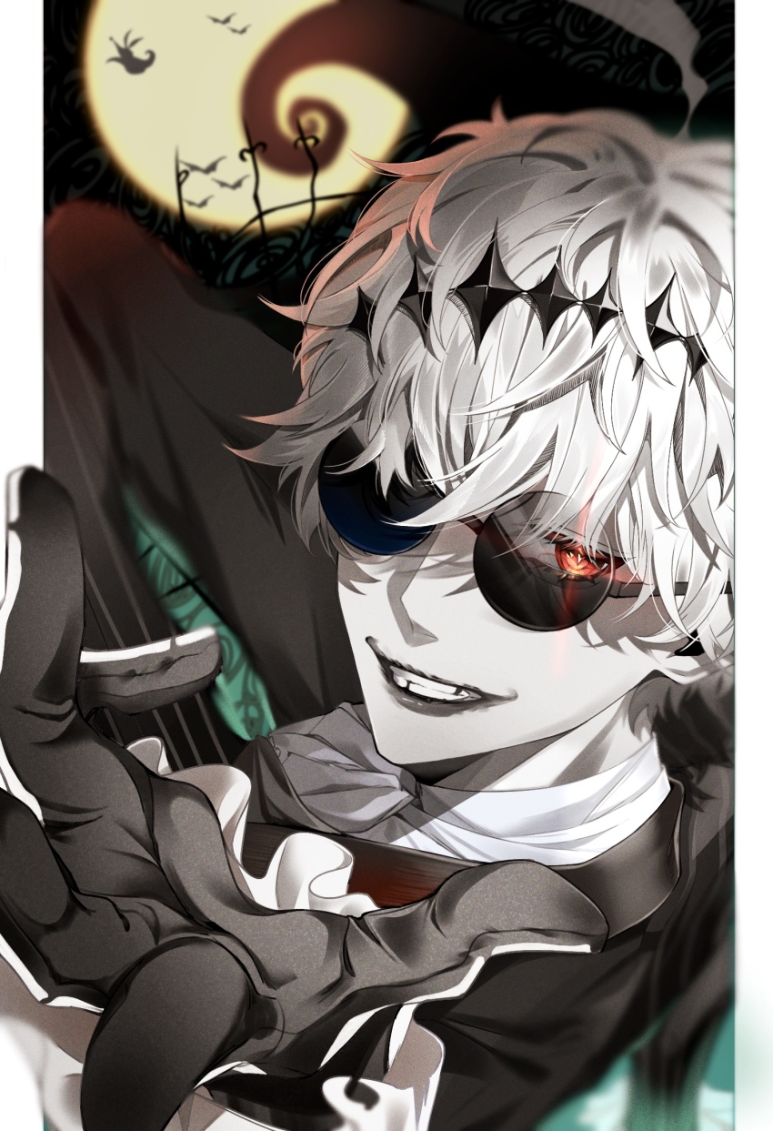 1boy, bat_(animal), bishounen, black_crown, border, crown, diamond_hairband, formal_clothes