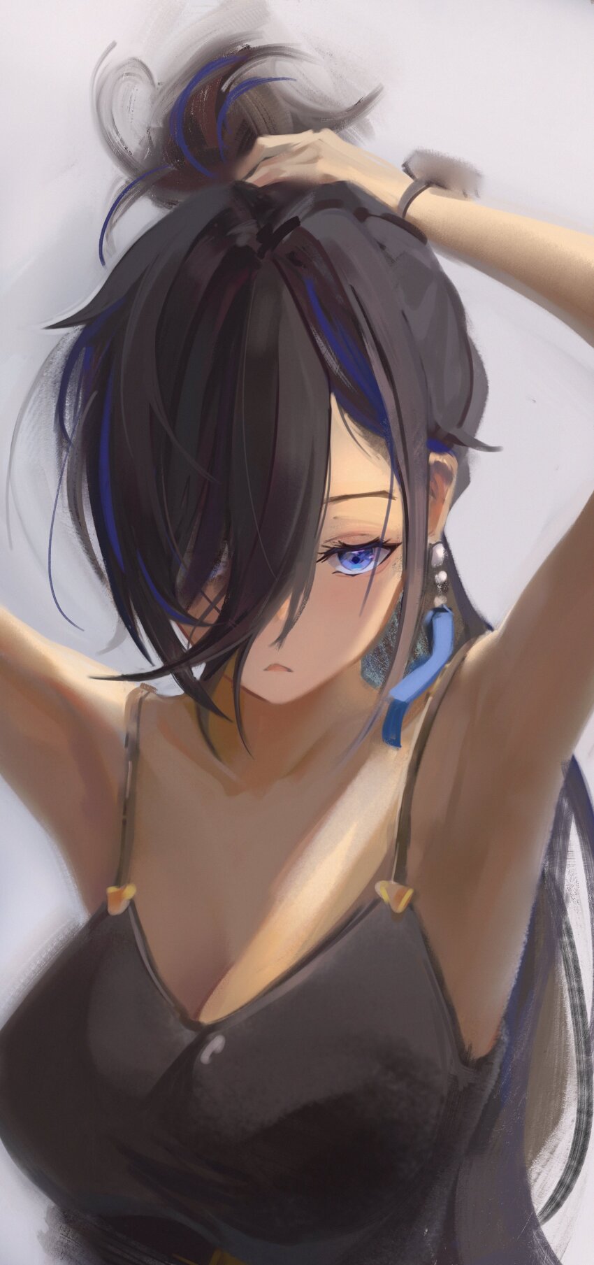1girl, absurdres, armpits, arms_up, ayase_yuu, black_hair, blue_eyes, blue_hair