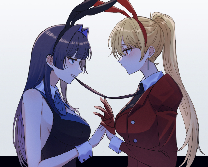 2girls, animal_ear_hairband, animal_ears, black_necktie, blonde_hair, blue_eyes, breasts, commentary_request