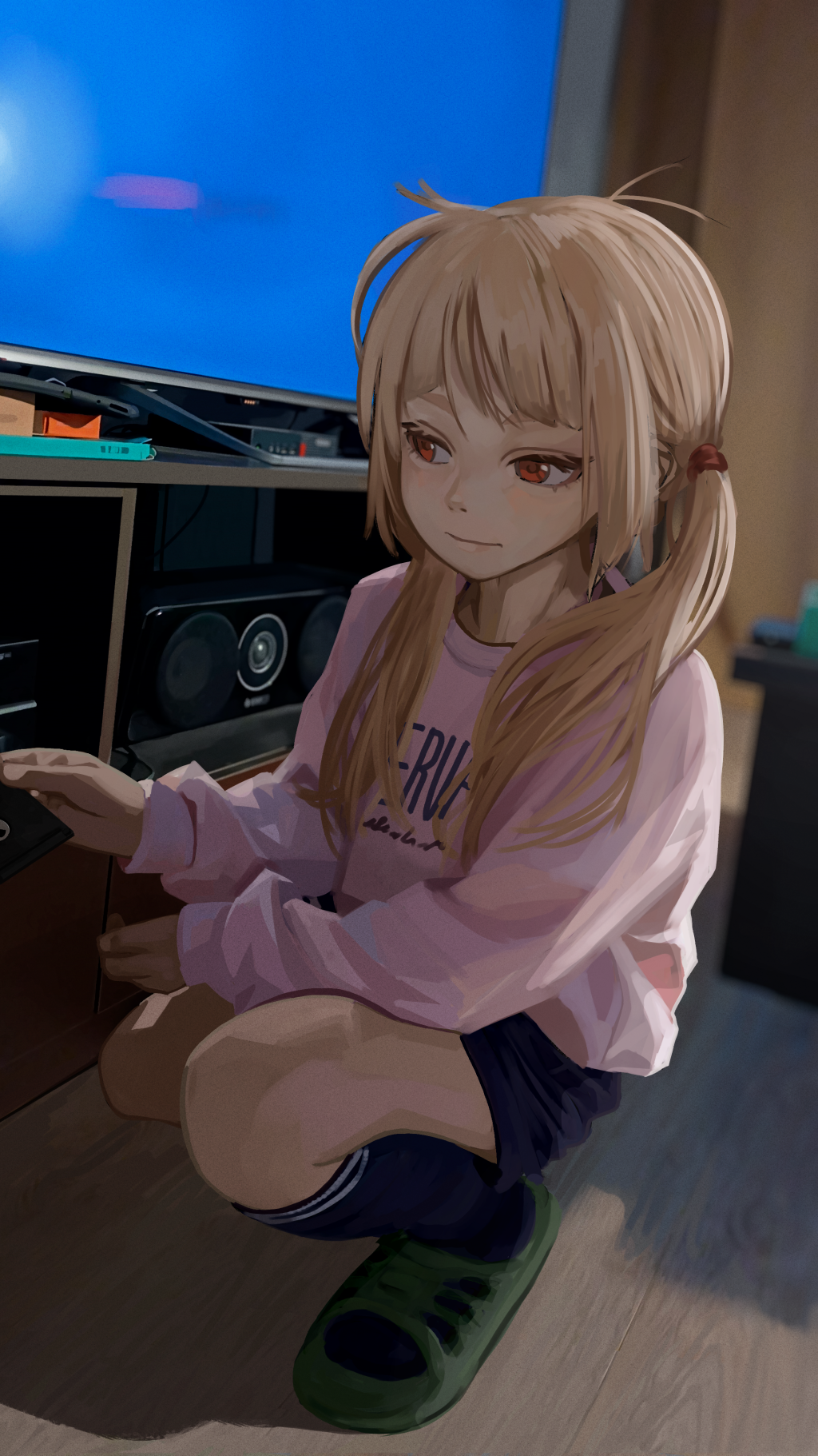 1girl, blonde_hair, blurry, casual, closed_mouth, depth_of_field, flat_screen_tv, flip-flops