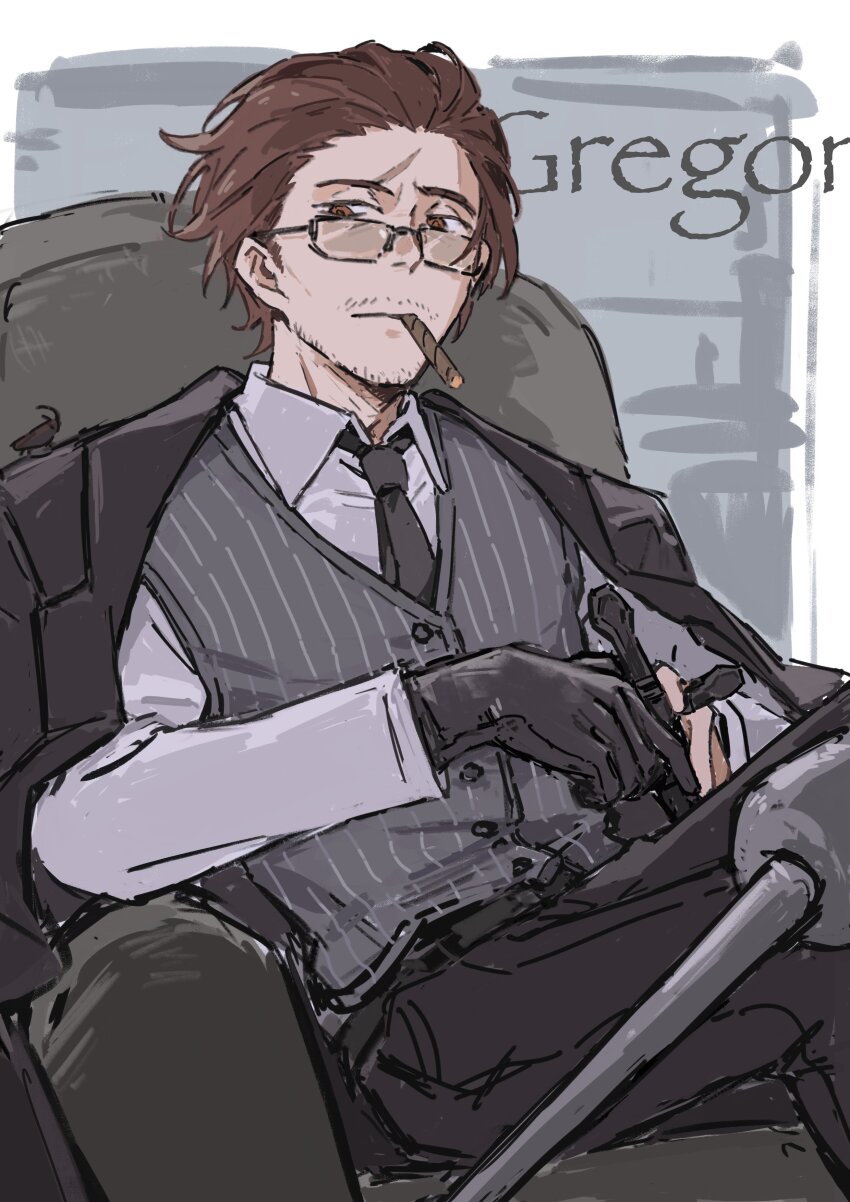 1boy, absurdres, amputee, beard_stubble, belt, black_gloves, black_jacket, black_necktie