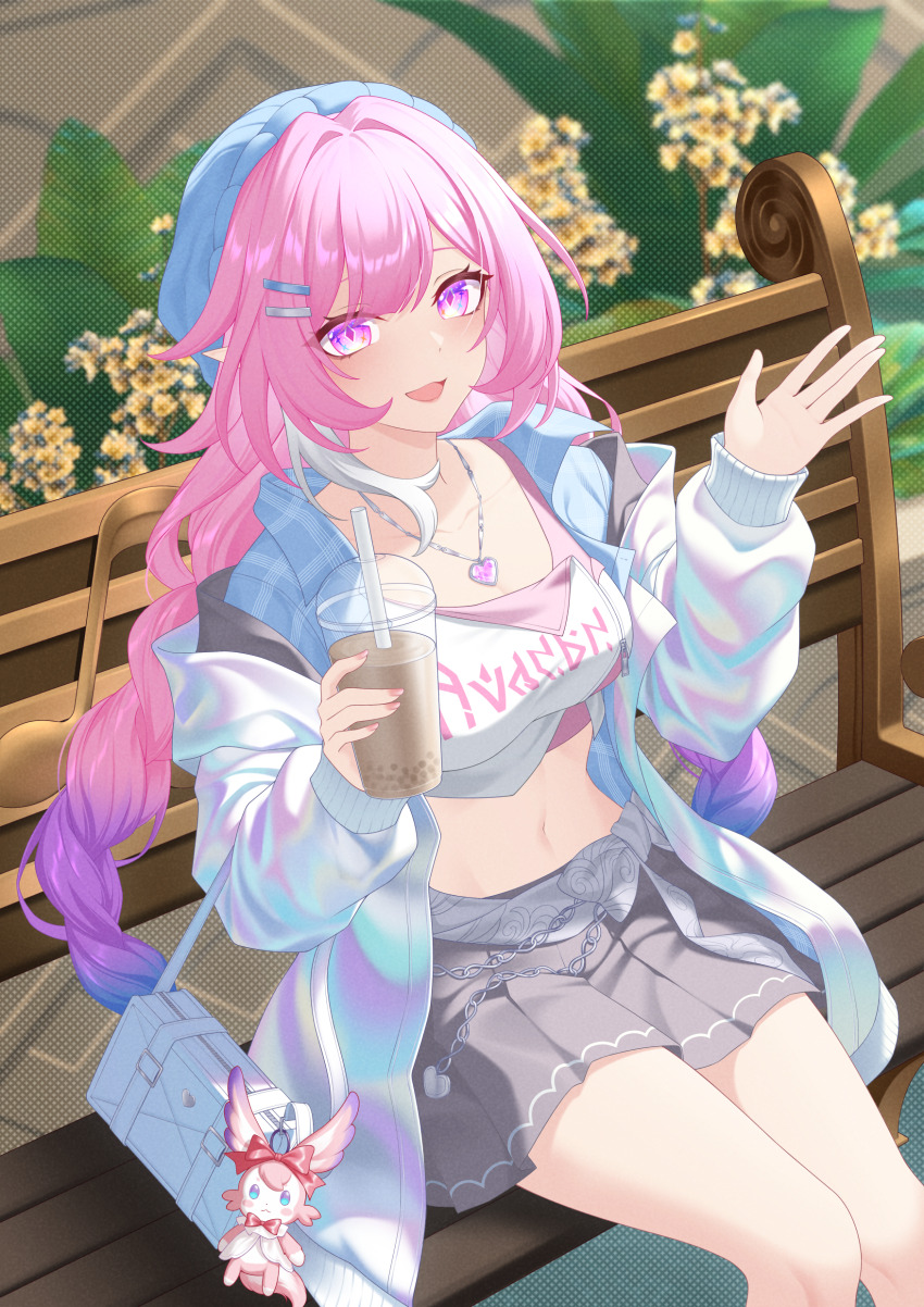 1girl, absurdres, blue_hat, braid, collarbone, commentary, cup, cyrene_(honkai:_star_rail)