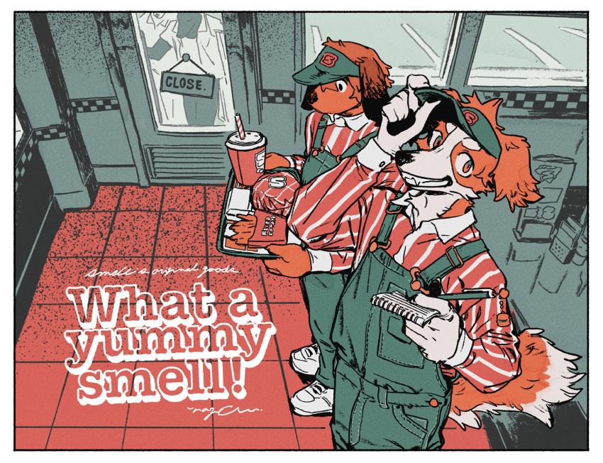 2boys, animal_ears, burger, commentary, commentary_request, dog_boy, dog_ears, dog_tail