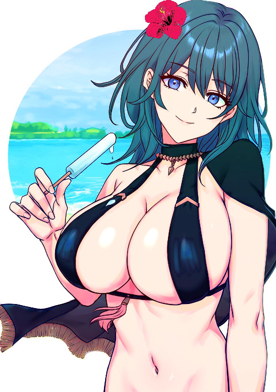 1girl, black_cape, blue_eyes, blue_hair, breasts, cape, cleavage, closed_mouth