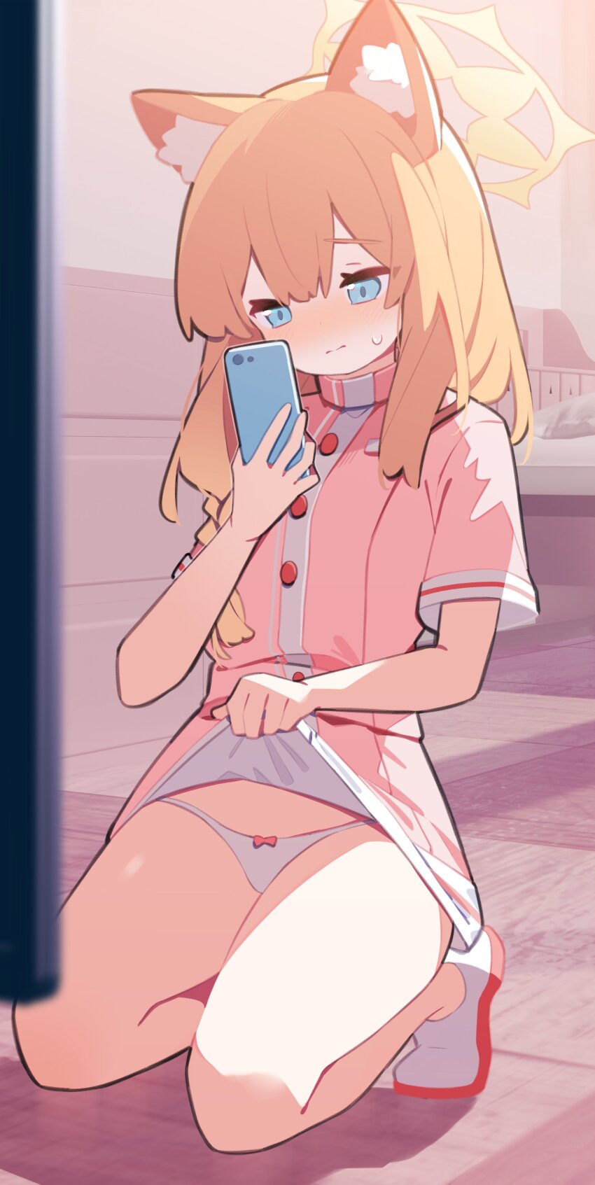 1girl, absurdres, alternate_costume, animal_ears, blue_archive, blue_eyes, blurry, blush, bow, bow_panties, braid, bush, cat_ears, cellphone, center-flap_bangs, clothes_lift, commentary_request, cosplay, depth_of_field, dot_nose, dress, full-face_blush, full_body, furrowed_brow, hair_between_eyes, hair_over_shoulder, halo, highres, holding, holding_phone, house, kneeling, lifting_own_clothes, light_blush, long_hair, looking_at_phone, mari_(blue_archive), nurse, on_floor, orange_hair, orange_halo, outdoors, panties, pekeko_(pepekekeko), petite, phone, pink_bow, pink_dress, road, selfie, serina_(blue_archive), serina_(blue_archive)_(cosplay), serina_(nurse)_(blue_archive), shoes, sidelocks, single_braid, skirt, skirt_lift, smartphone, solo, sunlight, sweatdrop, turtleneck, turtleneck_dress, underwear, white_panties, white_shoes