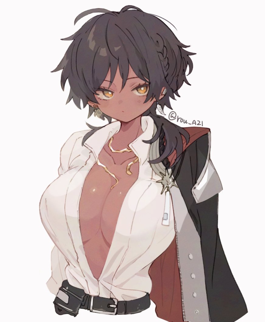 1girl, arknights, arouni22, belt, black_hair, braid, breasts, cleavage, closed_mouth, coat, coat_on_shoulders, commentary_request, dark-skinned_female, dark_skin, earrings, genderswap, genderswap_(mtf), hair_between_eyes, hair_over_shoulder, jewelry, large_breasts, necklace, orange_eyes, ponytail, shirt, side_braid, simple_background, solo, thorns_(arknights), thorns_(blade-cleaved_tides)_(arknights), twitter_username, upper_body, white_shirt