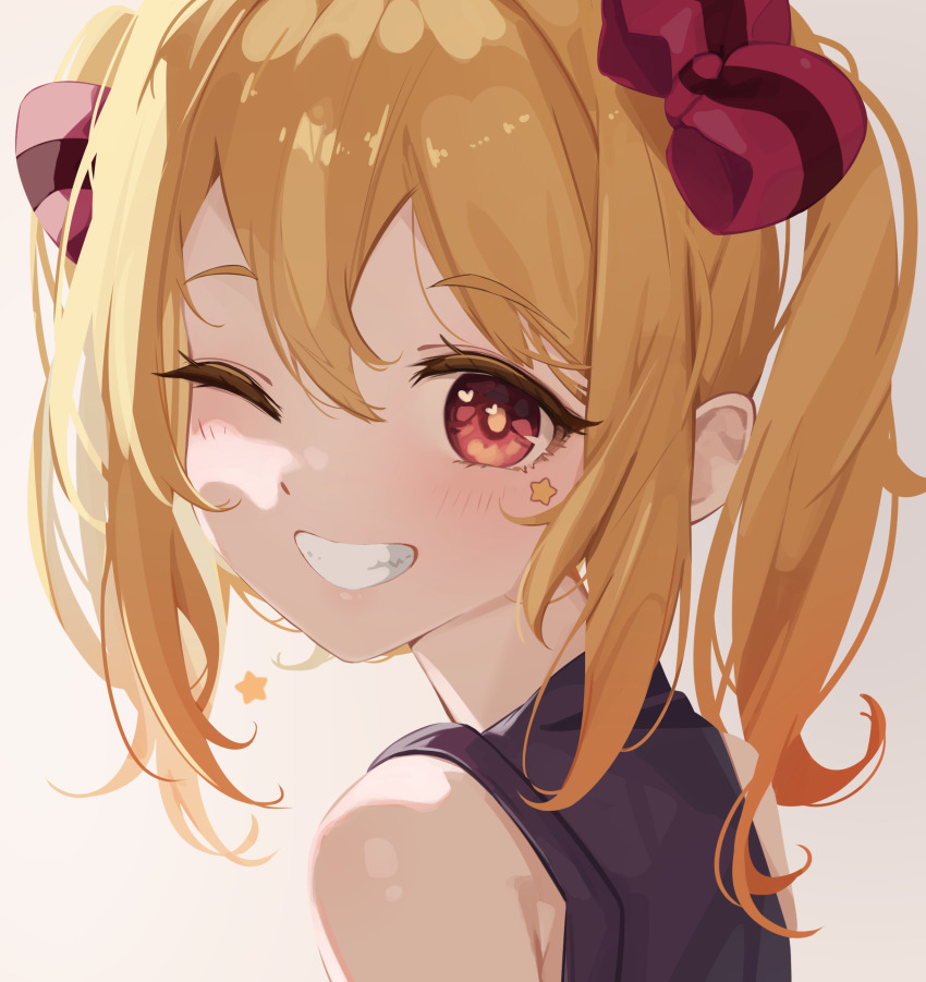 1girl, ;), absurdres, bare_shoulders, blonde_hair, chloe_(trickcal), commentary, facial_mark, hair_between_eyes, hair_ribbon, heart, heart_in_eye, highres, light_blush, looking_at_viewer, mawe127, medium_hair, one_eye_closed, portrait, red_eyes, red_ribbon, ribbon, sidelocks, simple_background, smile, solo, star_(symbol), star_facial_mark, symbol_in_eye, trickcal, white_background