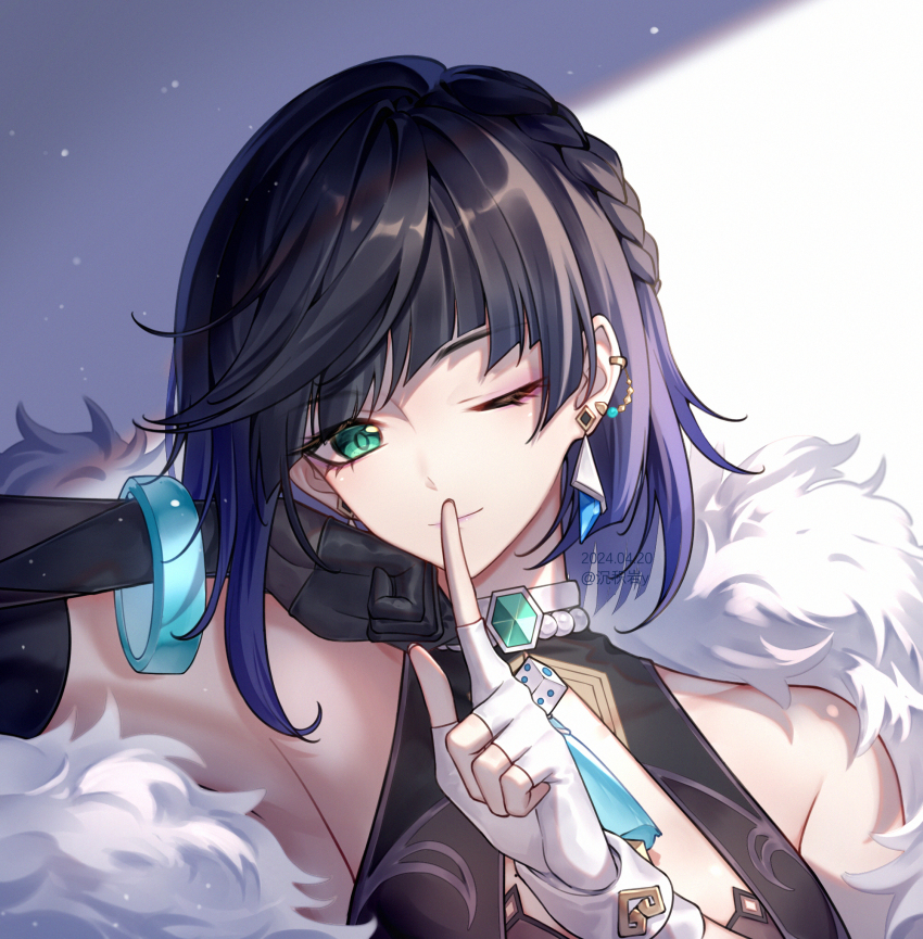 1girl, armpits, asymmetrical_gloves, braid, chenjiyan_y, commentary_request, dice, earrings