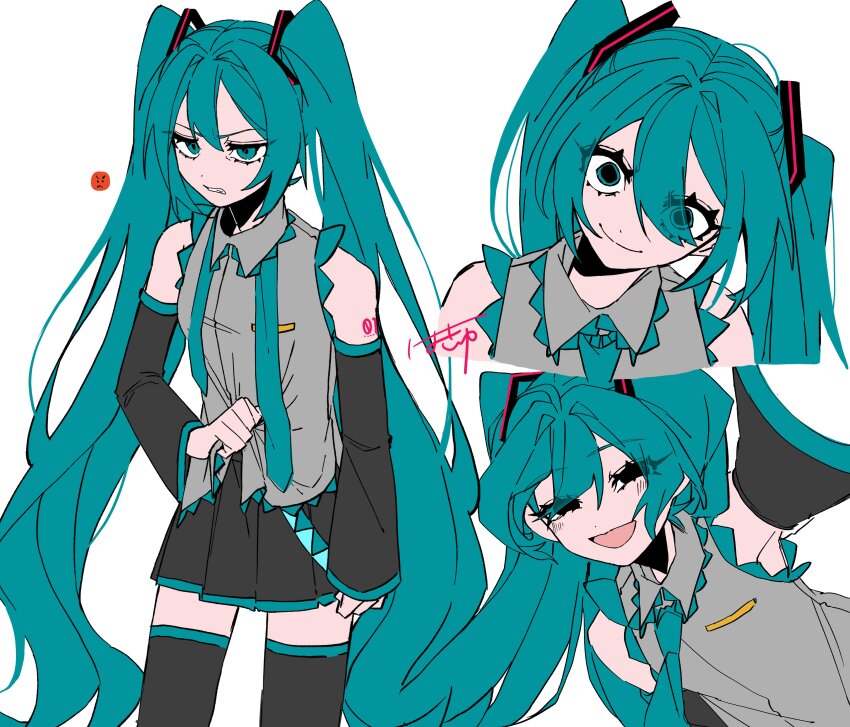 1girl, absurdres, angry, angry_face_emoji, aqua_eyes, aqua_hair, aqua_necktie, aqua_trim