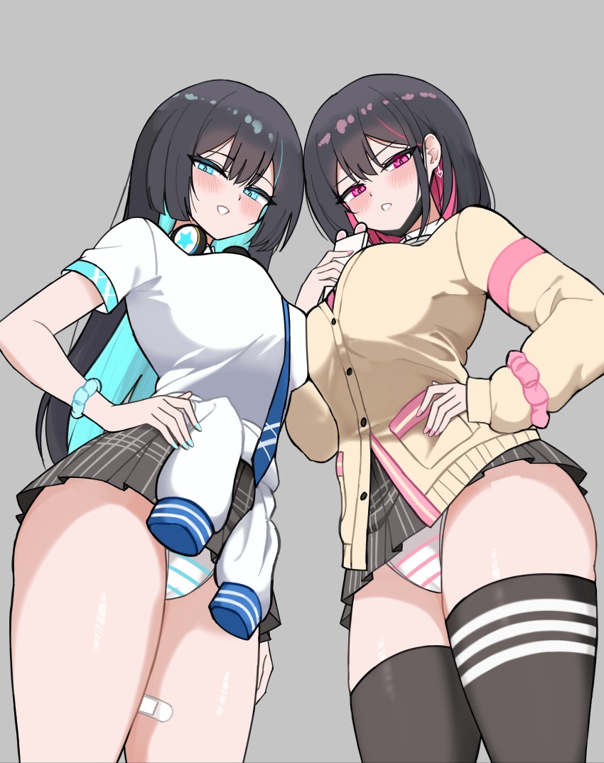 2girls, absurdres, black_hair, black_survival, black_thighhighs, blue_necktie, blue_star_(pixiv23073844), breasts