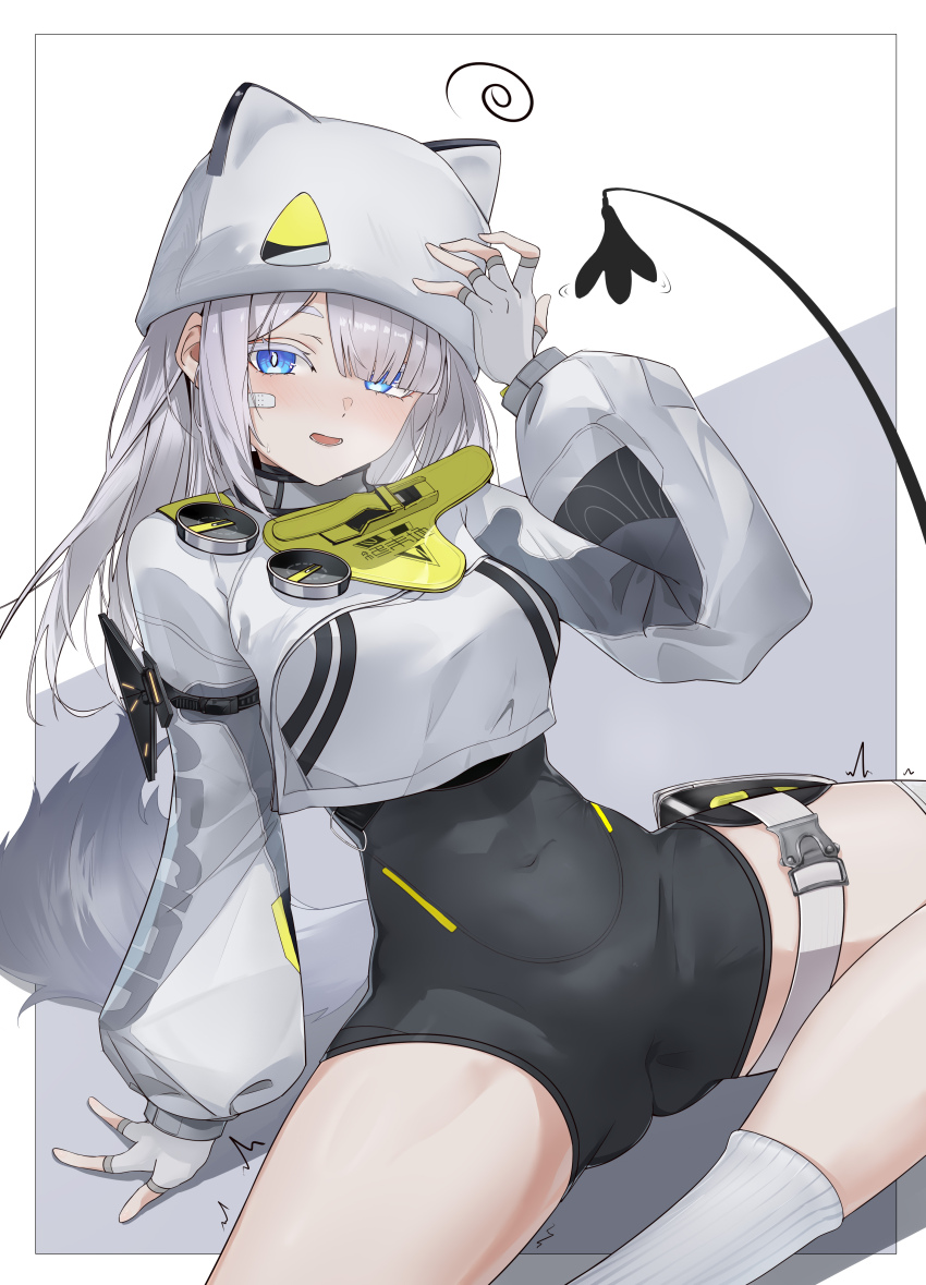 1girl, absurdres, animal_hat, arknights, arknights:_endfield, bandaid, bandaid_on_face, beanie, black_bodysuit, blue_eyes, bodysuit, cat_hat, cat_tail, estella_(arknights), fingerless_gloves, gloves, hat, highres, medium_hair, shirt, shrug_(clothing), sizuhaipa_(x-r-c), socks, solo, tail, white_gloves, white_hair, white_hat, white_shirt, white_shrug, white_socks