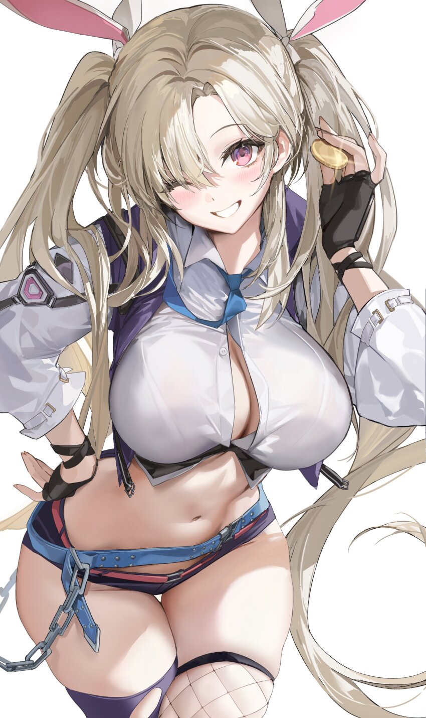 1girl, absurdres, animal_ears, asymmetrical_legwear, belt, black_gloves, black_shorts, black_thighhighs