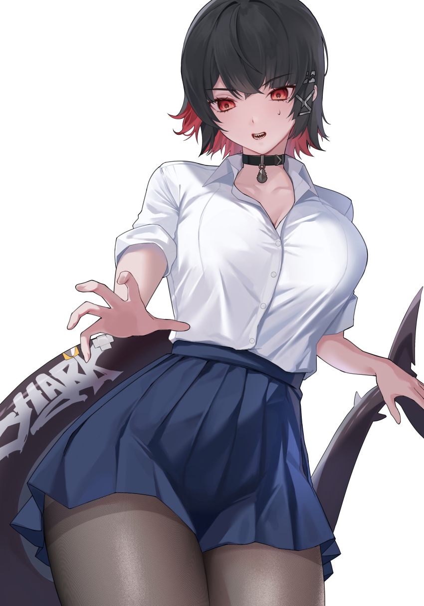 1girl, absurdres, black_choker, black_hair, blue_skirt, breasts, brown_pantyhose, buttons