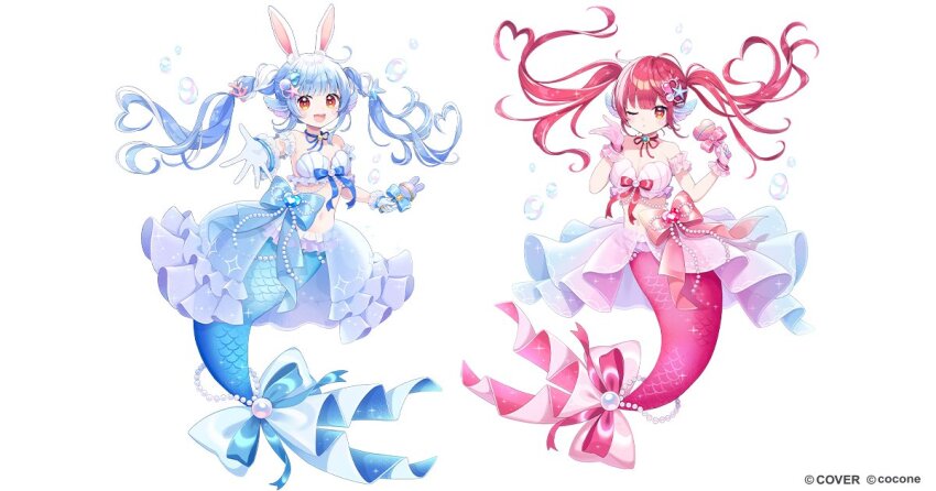 2girls, animal_ears, armband, bikini, blowing_kiss, blue_hair, blue_ribbon, blue_tail, bra, breasts, chon_(chon33v), cleavage, copyright_logo, copyright_name, coral_hair_ornament, fins, flat_chest, gem, gloves, hair_ornament, head_fins, heart_cowlick, holding, holding_microphone, hololive, houshou_marine, logo, long_hair, looking_at_viewer, medium_breasts, mermaid, microphone, monster_girl, multicolored_hair, multiple_girls, navel, official_alternate_costume, pearl_(gemstone), pearl_ring, pink_tail, pokecolo_twin, rabbit_ears, red_eyes, red_gloves, red_hair, red_ribbon, ribbon, ribbon-trimmed_bra, ribbon_trim, shell, shell_bikini, shell_hair_ornament, simple_background, starfish_hair_ornament, swimsuit, tail, tail_ornament, tail_ring, twintails, two-tone_hair, underwear, usada_pekora, virtual_youtuber, white_background, white_gloves, white_hair, wireless_microphone