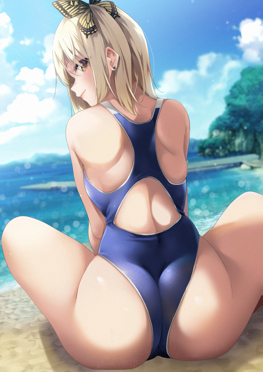 1girl, asakura_ageha, ass, back_cutout, bare_arms, bare_shoulders, blonde_hair, blue_one-piece_swimsuit