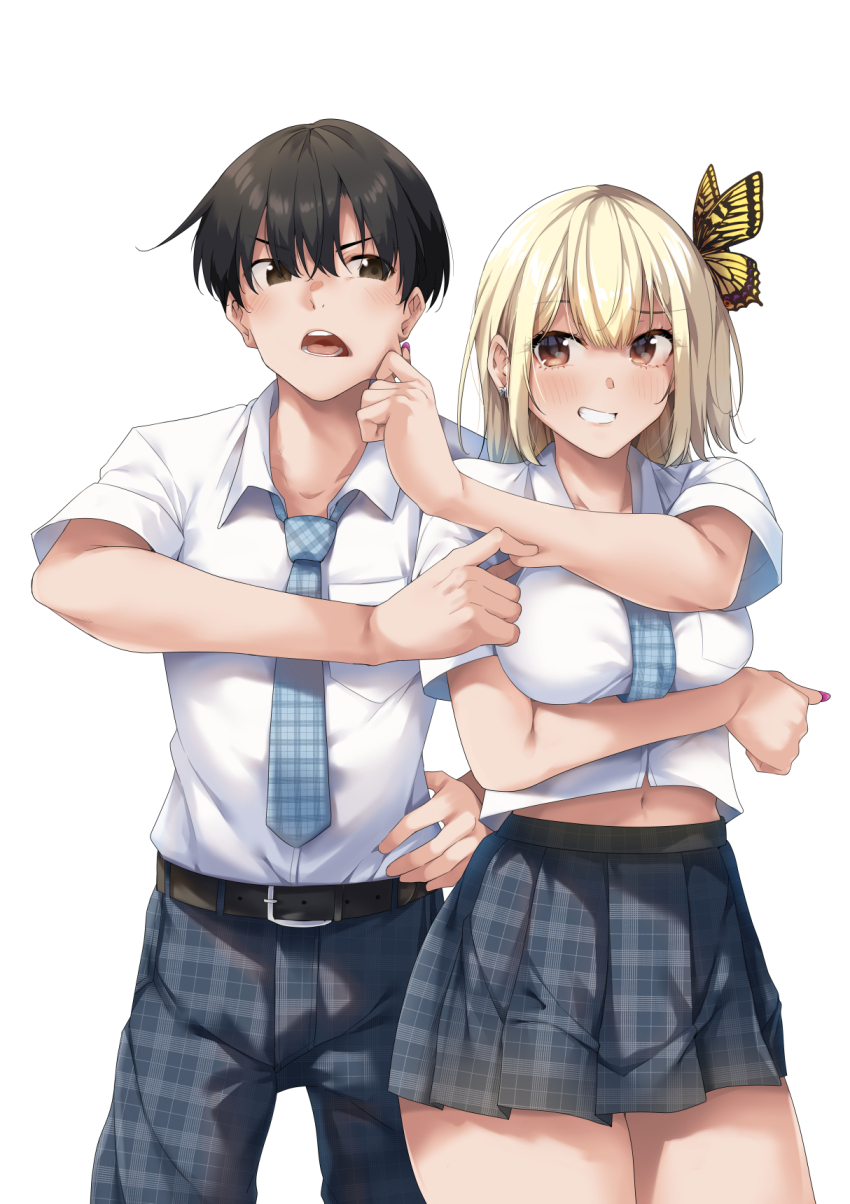 1boy, 1girl, arm_pinching, arm_under_breasts, asakura_ageha, belt, black_belt, black_hair