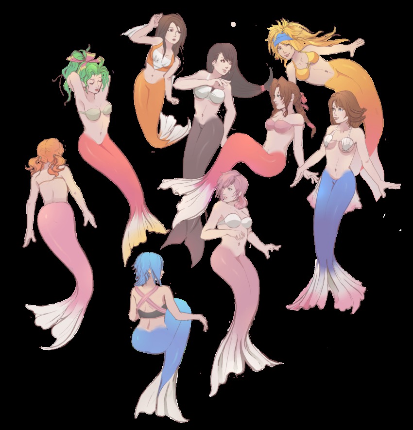 00s, 10s, 1990s_(style), 6+girls, aerith_gainsborough, aqua_(kingdom_hearts), arms_up, bare_shoulders, bikini, bikini_top_only, black_hair, blonde_hair, blue_hair, bra, braid, brown_eyes, brown_hair, closed_eyes, female_focus, final_fantasy, final_fantasy_ix, final_fantasy_vi, final_fantasy_vii, final_fantasy_x, final_fantasy_x-2, final_fantasy_xiii, garnet_til_alexandros_xvii, green_eyes, green_hair, headband, highres, kingdom_hearts, lightning_farron, lingerie, long_hair, mermaid, midriff, monster_girl, multiple_girls, oerba_dia_vanille, okiara, pink_hair, pink_ribbon, ponytail, red_hair, ribbon, rikku_(ff10), shell_bikini, short_hair, single_braid, square_enix, swimsuit, tail, tifa_lockhart, tina_branford, twintails, underwear, vest, wink, yuna