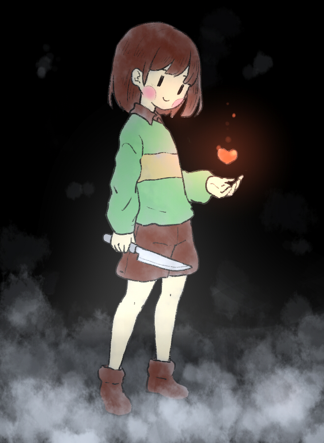 1other, black_background, brown_hair, brown_shoes, brown_shorts, chara_(undertale), chenjiyan_y, closed_mouth