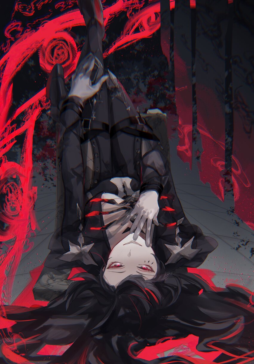 1girl, absurdres, black_bodysuit, black_hair, bodysuit, breasts, colored_eyelashes, gloves