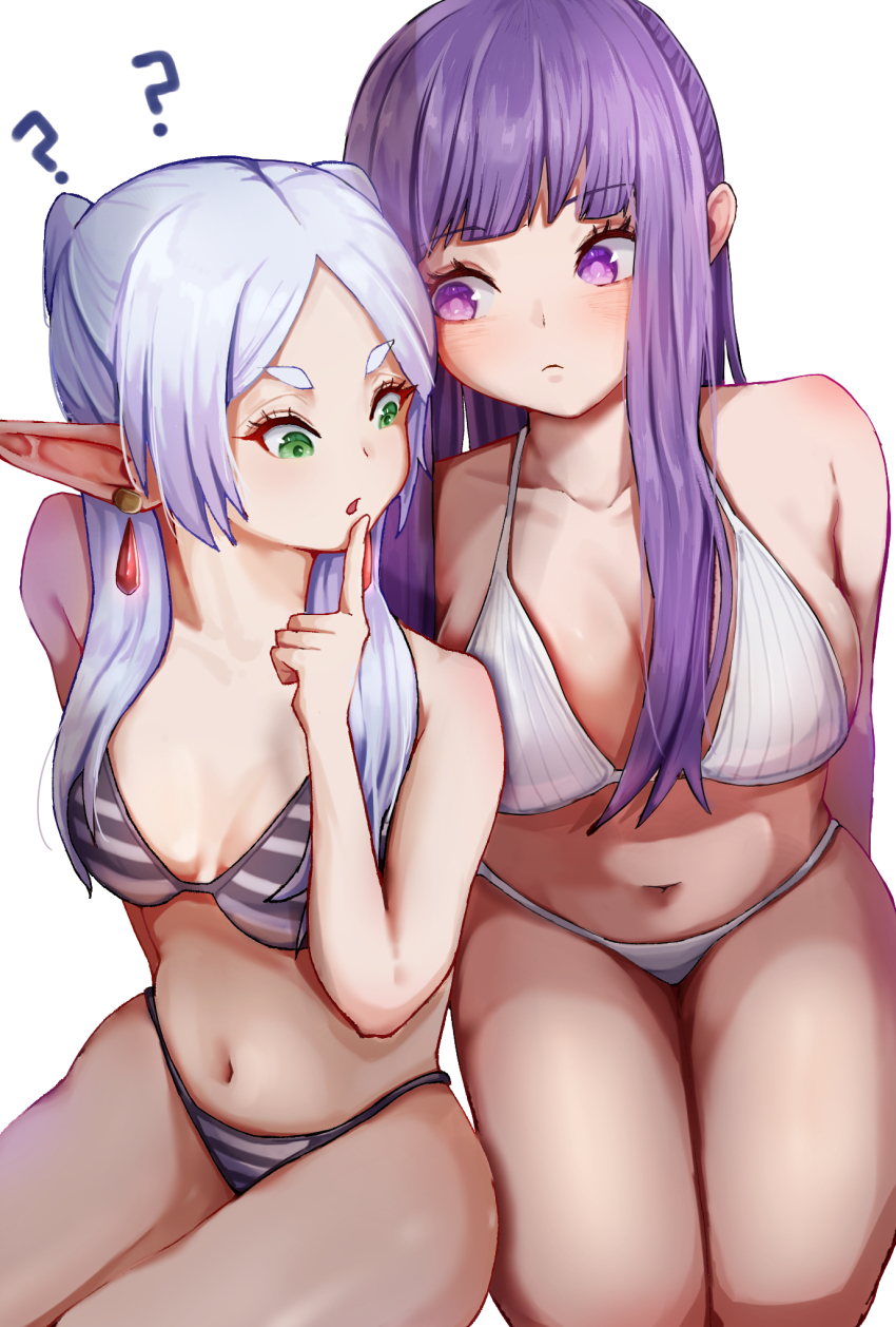 2girls, :o, ?, bikini, blunt_bangs, breast_envy, breasts, cleavage