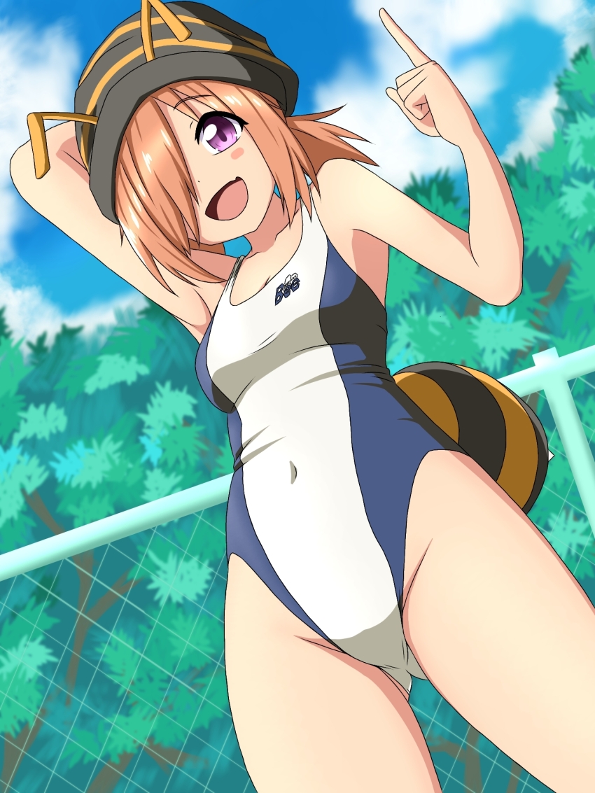 1girl, arthropod_girl, bee_girl, bee_hat, bee_tail, beesuper4646, blue_sky, breasts